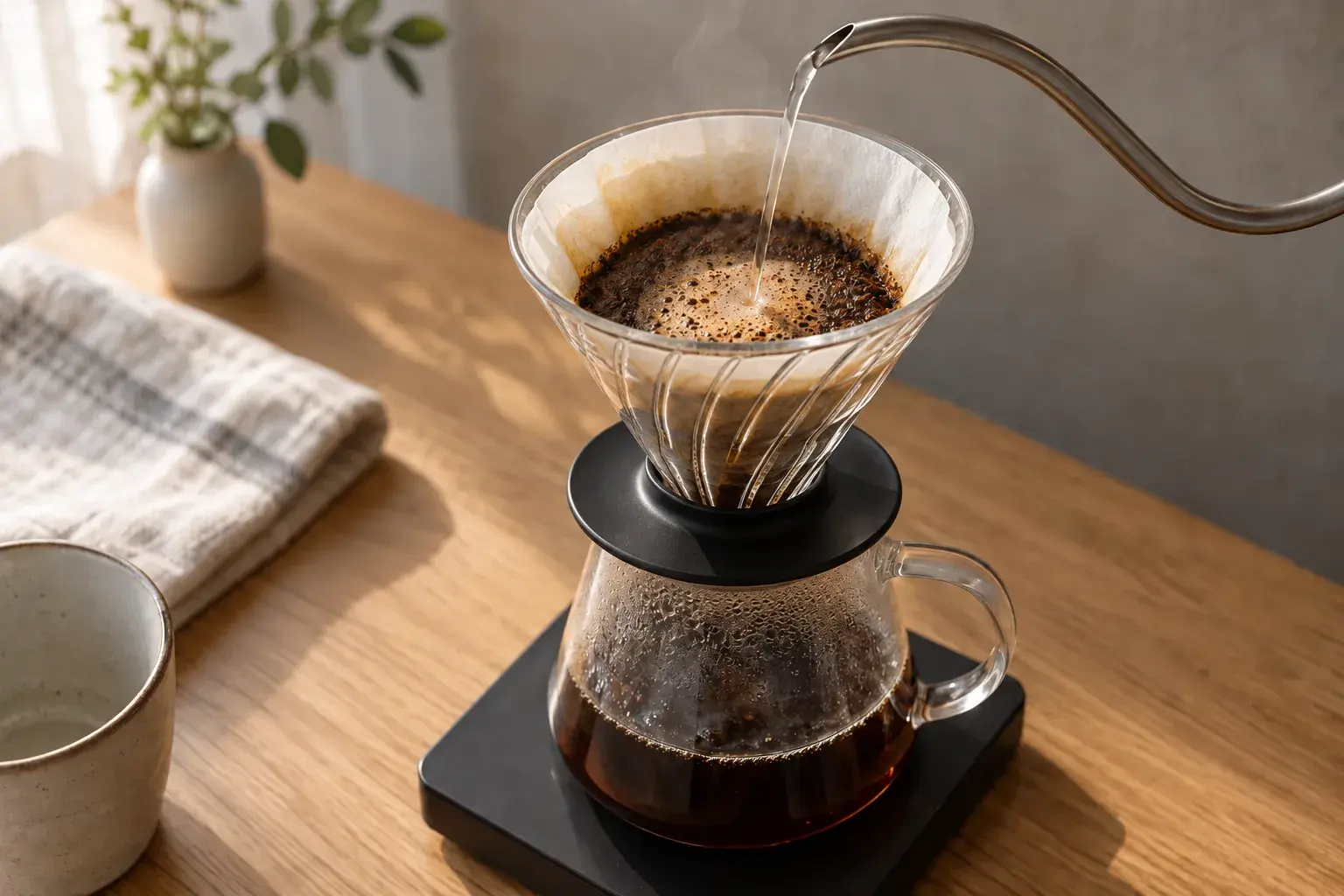 スケール上のガラスサーバーと透明ガラスのV60をイメージしたドリッパーに、細口ケトルで湯を注ぐ様子(AI生成イメージ)