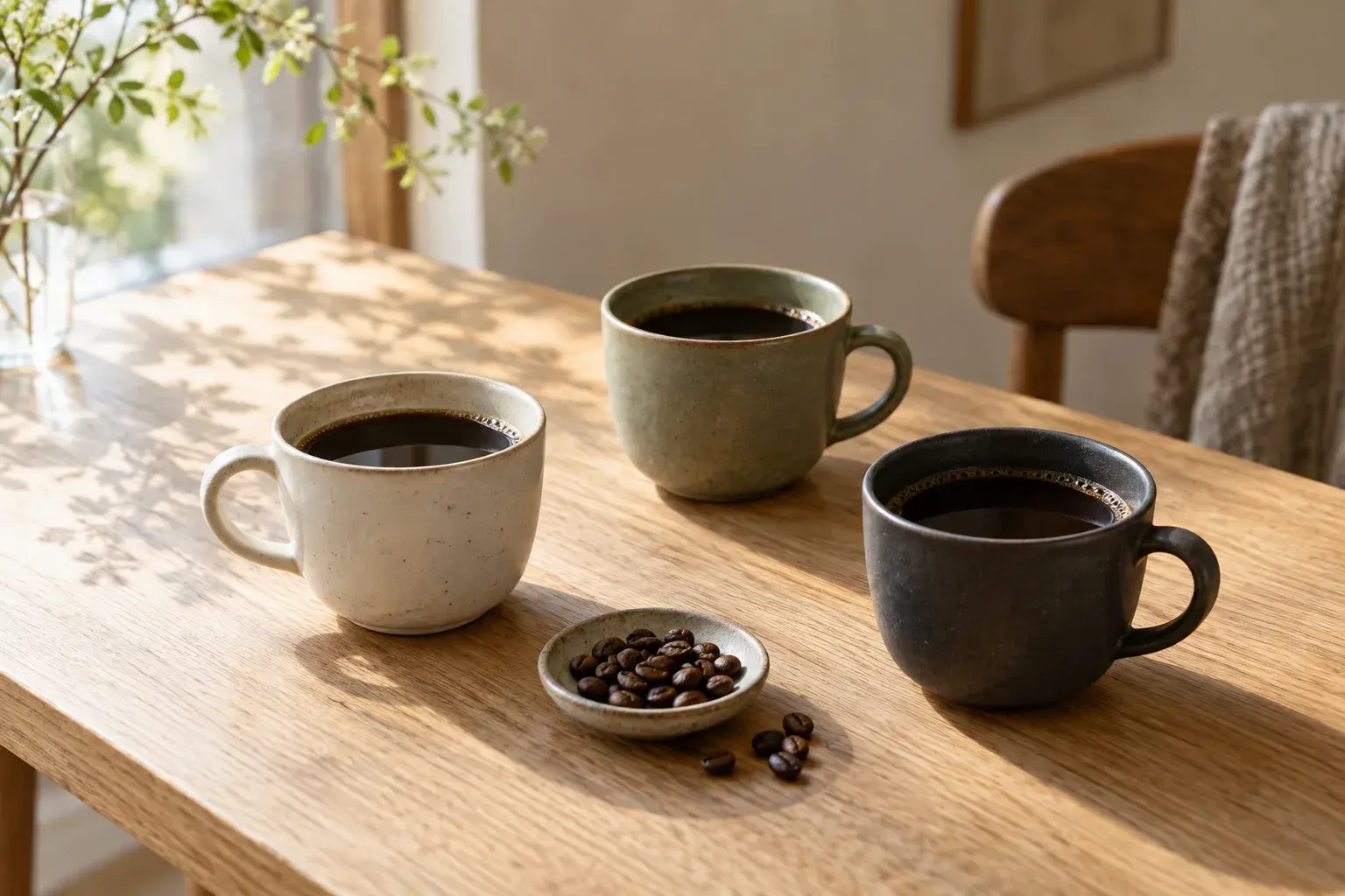 午後の光が差す木のテーブルに並ぶ3つのコーヒーカップと豆の小皿(AI生成イメージ)